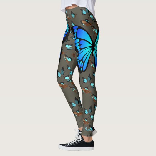 Butterfly Blue Blauwgroen op grijze Leggings S tot (Links)