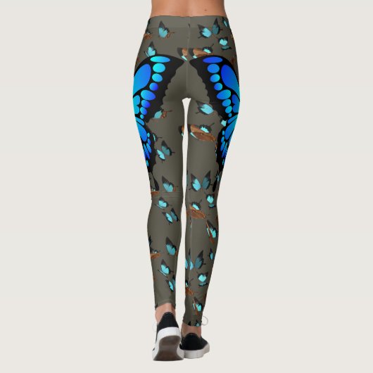 Butterfly Blue Blauwgroen op grijze Leggings S tot (Achterkant)