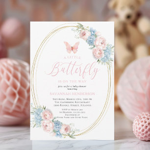 Butterfly Blue Pink Floral Baby shower Kaart