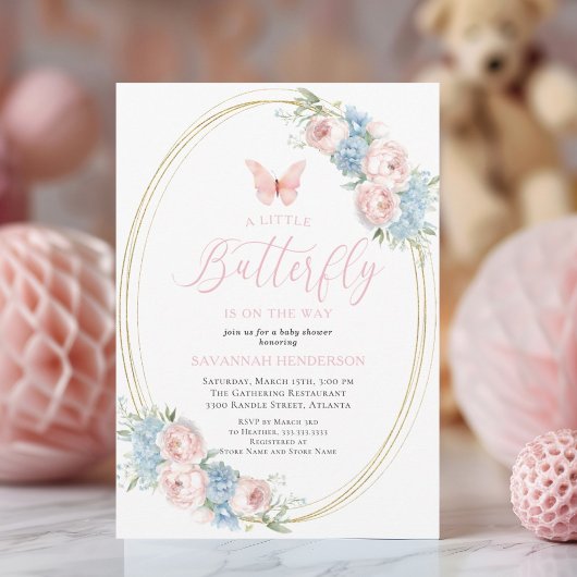 Butterfly Blue Pink Floral Baby shower Kaart