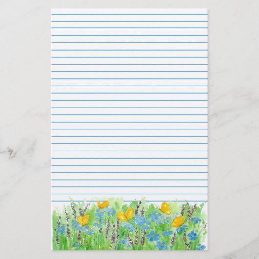 Butterfly Blue Waterverf Flowers Lined Briefpapier (Voorkant)