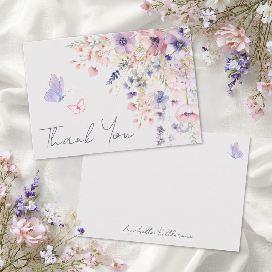 Butterfly Blush Pink Purple Wildflower Bedankkaart