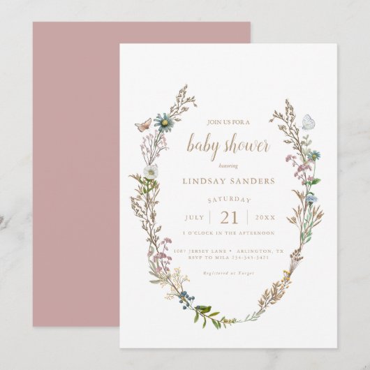 Butterfly Boho Foliage Wreater Baby shower Invitat Kaart (Voorkant / Achterkant)
