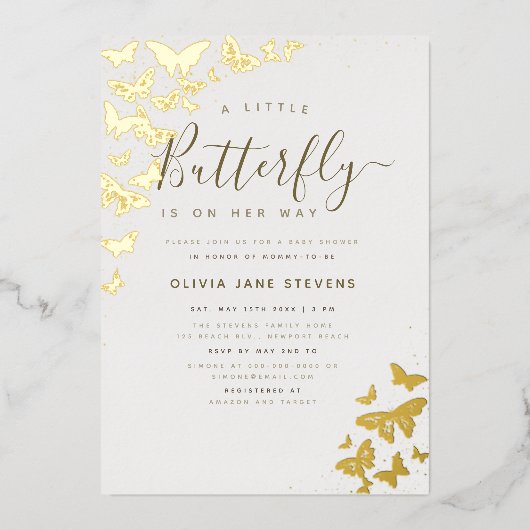 Butterfly Boho Lijst Gold Elegant Girl Baby shower Folie Uitnodiging (Voorkant)