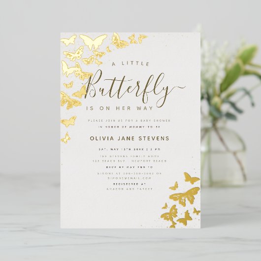 Butterfly Boho Lijst Gold Elegant Girl Baby shower Folie Uitnodiging (Staand Voorkant)