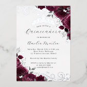 Butterfly Bourgogne Zilveren Bloemen Quinceanera Folie Uitnodiging (Voorkant)