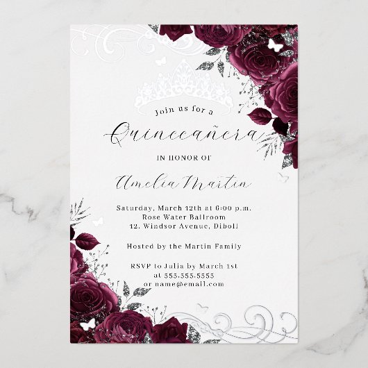 Butterfly Bourgogne Zilveren Bloemen Quinceanera Folie Uitnodiging (Voorkant)