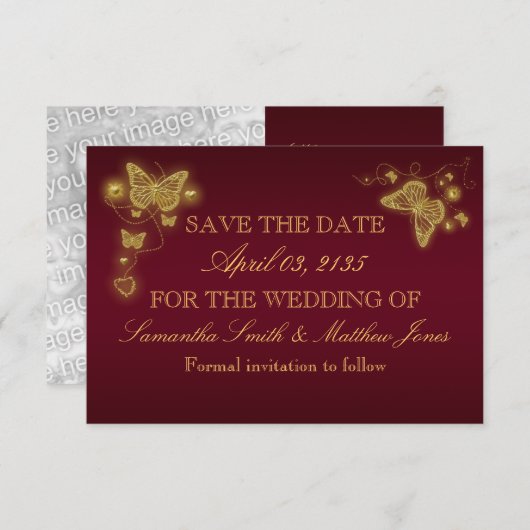 Butterfly burgundy Gold-trouwreactie Save The Date (Voorkant / Achterkant)