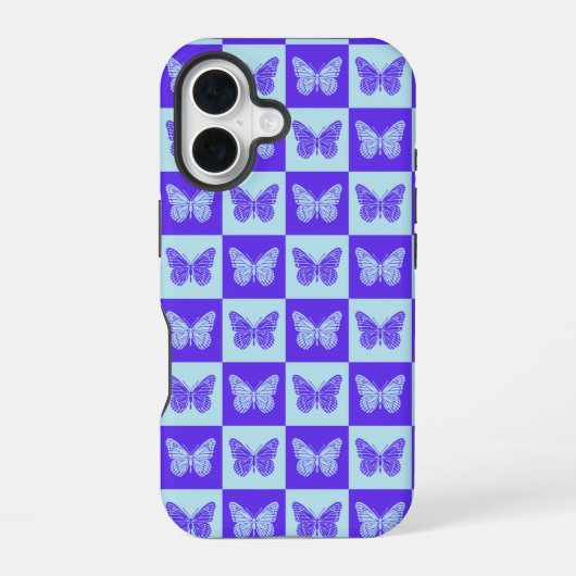 Butterfly Checkered Pattern in Blue en Paars iPhone 16 Hoesje (Achterkant)