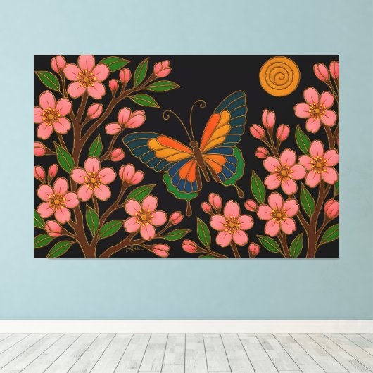 Butterfly Cherry Blossom Moon Canvas Afdruk (Insitu (Houten vloer))