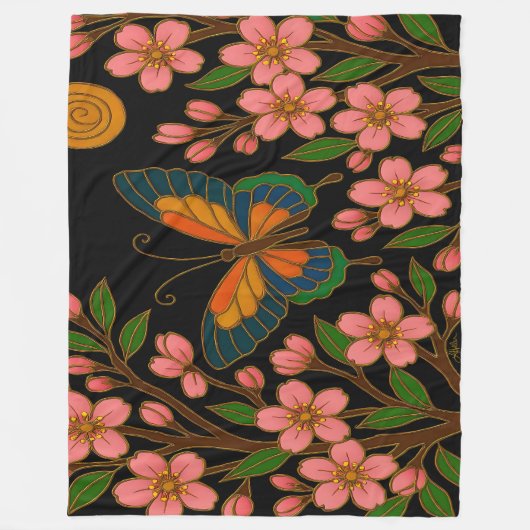 Butterfly Cherry Blossom Moon Fleece Deken (Voorkant)