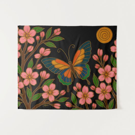 Butterfly Cherry Blossom Moon Wandkleed (Voorkant (horizontaal))