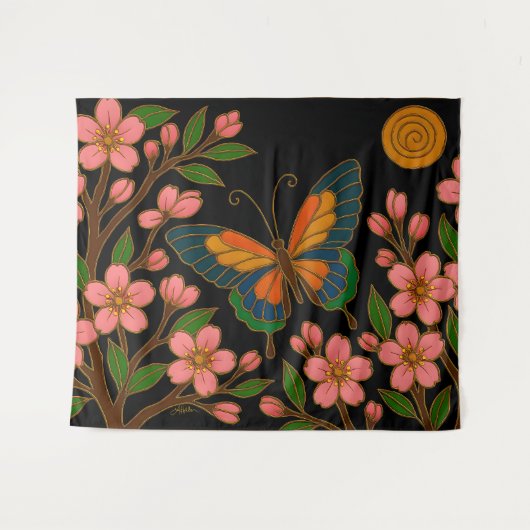 Butterfly Cherry Blossom Moon Wandkleed (Voorkant (horizontaal))