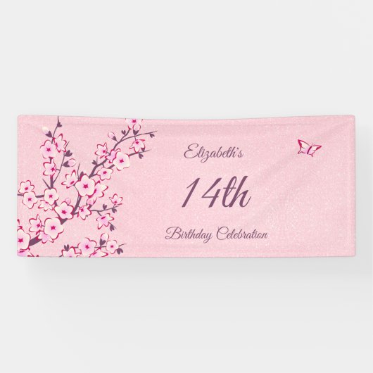 Butterfly Cherry Blossom Pink Glitter Birthday Spandoek (Horizontaal)
