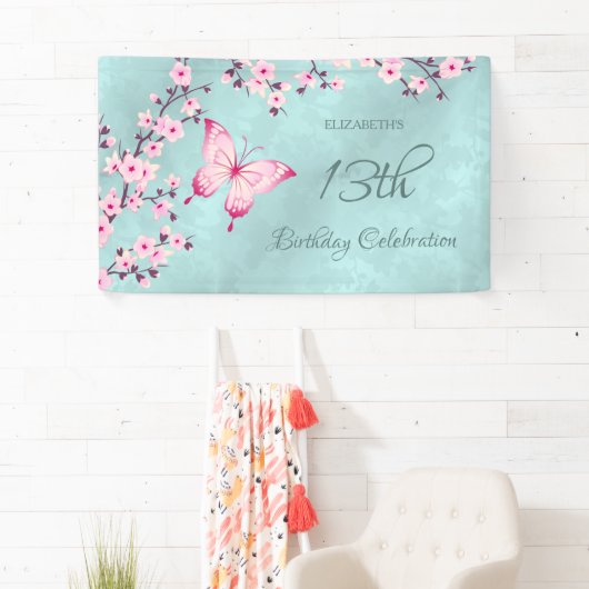 Butterfly Cherry Blossoms Roze Turquoise Spandoek (Insitu)