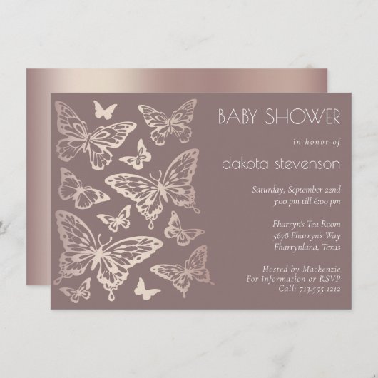 Butterfly Chic-Baby shower | Kopergoud Roos Kaart (Voorkant / Achterkant)