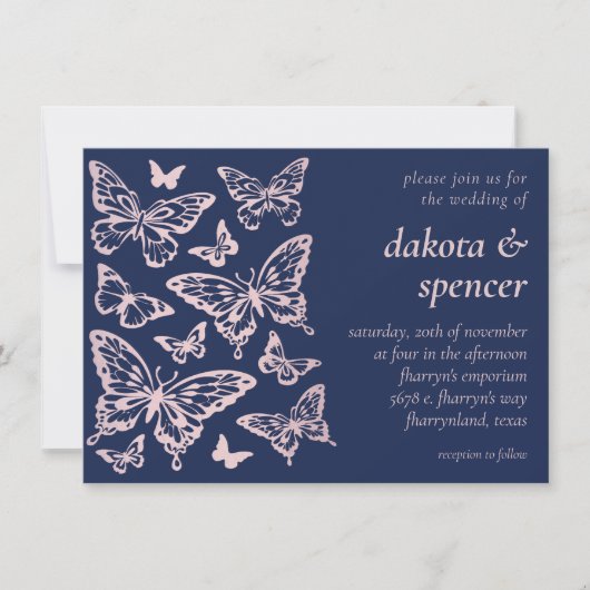 Butterfly Chic Wedding | Blush Pink en Navy Blue Kaart (Voorkant)