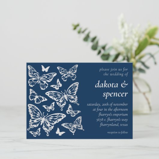 Butterfly Chic Wedding | Navy Blue en Silver Grey Kaart (Staand voorkant)