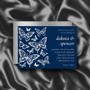 Butterfly Chic Wedding Navy Blue en Silver Grey Kaart