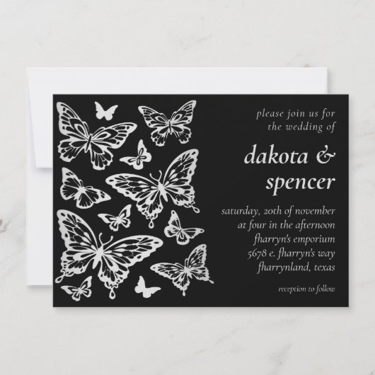 Butterfly Chic Wedding | Zwart-zilver grijs Kaart (Voorkant)