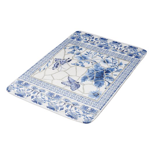 Butterfly Chinoiserie Chic Floral Leaf Blue White Badmat (Gekanteld)