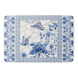 Butterfly Chinoiserie Chic Floral Leaf Blue White Badmat