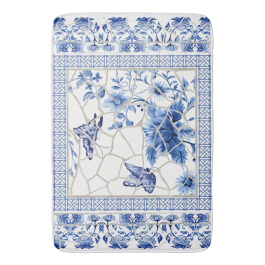 Butterfly Chinoiserie Chic Floral Leaf Blue White Badmat (Voorkant Verticaal)
