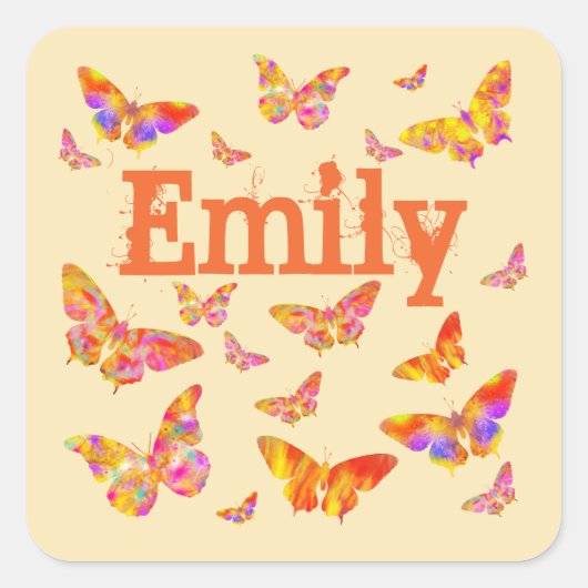 Butterfly Colorful  Retro Art Name Emily Vierkante Sticker (Voorkant)