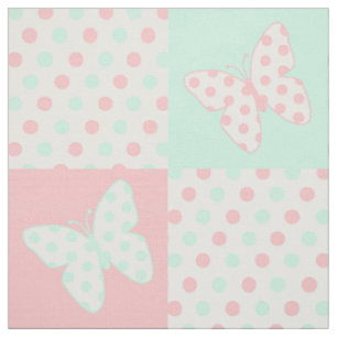 Butterfly Coral Pink Mint Green Polka Dots Stof