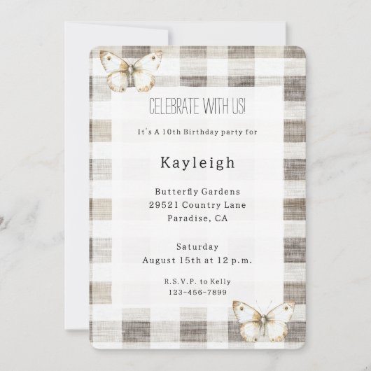 Butterfly Cream Plaid Stripes Verjaardag Kaart (Voorkant)