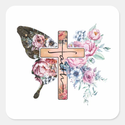 Butterfly Cross Faith floral Vierkante Sticker (Voorkant)