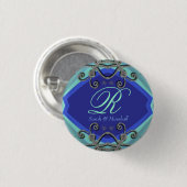 Butterfly Curls Aqua+Blue Monogram Button (Voorkant /achterkant)