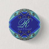 Butterfly Curls Aqua+Blue Monogram Button (Voorkant)