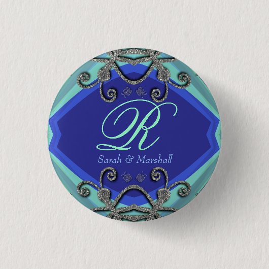 Butterfly Curls Aqua+Blue Monogram Button (Voorkant)