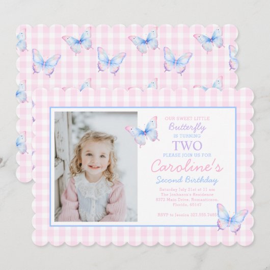Butterfly Custom Foto Tweede Verjaardag uitnodigin Kaart (Voorkant / Achterkant)