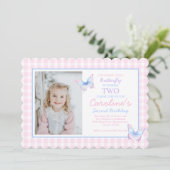 Butterfly Custom Foto Tweede Verjaardag uitnodigin Kaart (Staand voorkant)