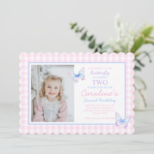 Butterfly Custom Foto Tweede Verjaardag uitnodigin Kaart (Staand voorkant)