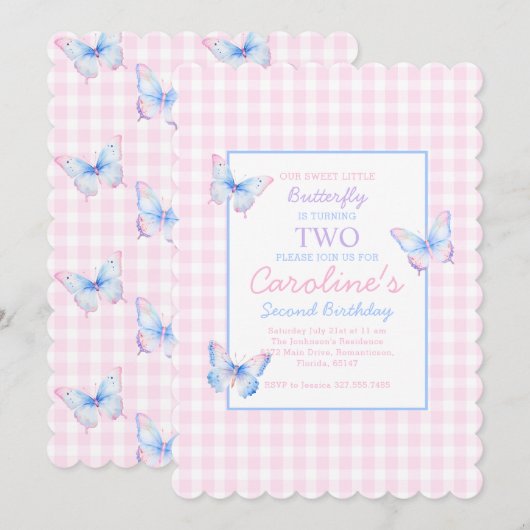 Butterfly Custom Foto Tweede Verjaardag uitnodigin Kaart (Voorkant / Achterkant)