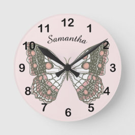 Butterfly & Custom Name on Soft Pink Ronde Klok