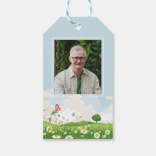 Butterfly Daisy Meadow begrafenis herdenkingsfoto Cadeaulabel (Achterkant)