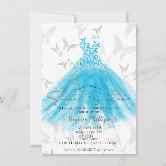 Butterfly Dance Aqua Blue Dress Sweet 16 Party Kaart (Voorkant)