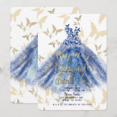Butterfly Dance Blue Dress & Gold Sweet 16 Kaart (Voorkant / Achterkant)