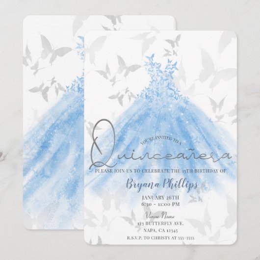 Butterfly Dance Blue Sparkle Dress Quinceañera 15 Kaart (Voorkant / Achterkant)