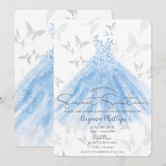 Butterfly Dance Blue Sparkle Dress Sweet 16 Party Kaart (Voorkant / Achterkant)