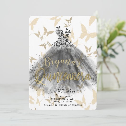 Butterfly Dance Dress Black & Gold Quinceañera 15 Kaart (Staand voorkant)