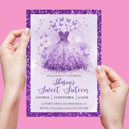 Butterfly Dance Glitter Purple Dress Sweet 16  Kaart