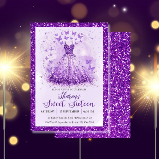 Butterfly Dance Glitter Purple Dress Sweet 16  Kaart