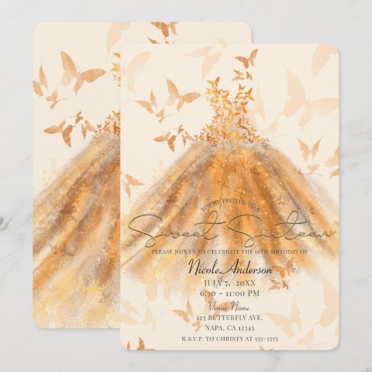 Butterfly Dance Oranje Sparkle Dress Sweet 16 Kaart (Voorkant / Achterkant)