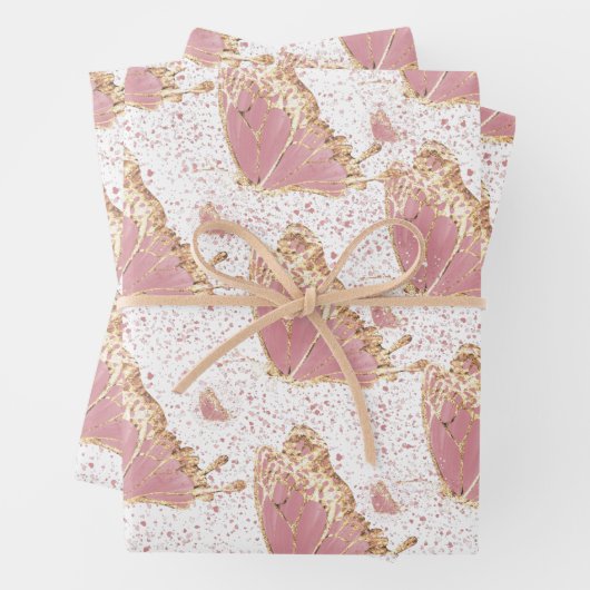 Butterfly Deco Pink Yellow Gold Speckles Inpakpapier Vel (In situ)