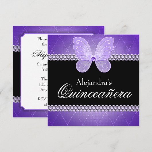 Butterfly Diamonds Paars Quinceanera Kaart (Voorkant / Achterkant)